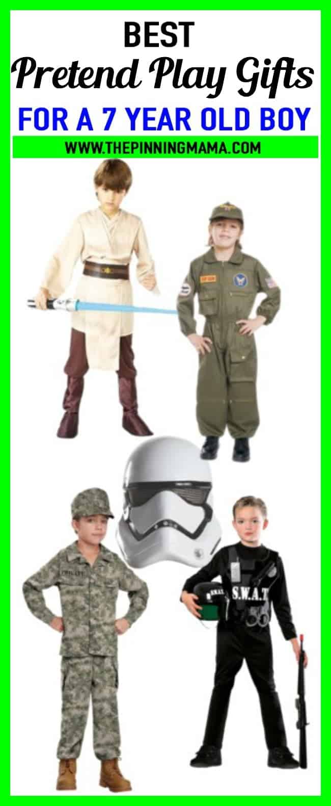 Best  gift ideas for a 7 year old boy who loves dress up and pretend play! Includes pilot costumes, army, swat, star wars and more! Great ideas for birthday presents and Christmas presents